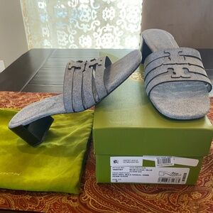 Tory Burch Ines Heel Mule Sandal 55MM Denim Suede in Blue Cloud Sz 9, BNIB,